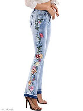 High-Rise Floral Embroidered Bell Bottom Flare Jeans Stretch Denim